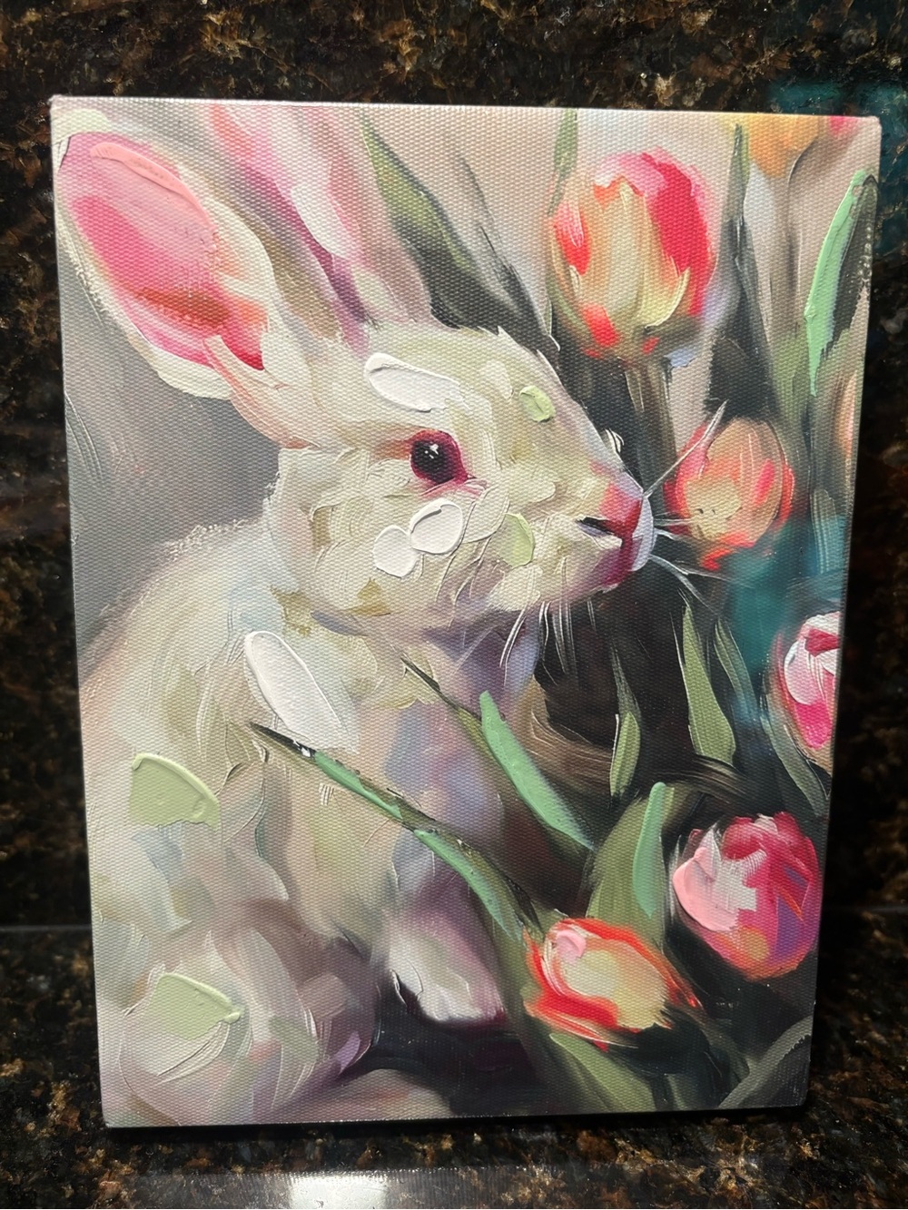 RAZ Imports~ Spring Bunny Rabbit w/ Tulips Canvas Painting 7.75”H X 5.75”W NWT